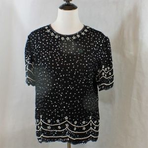 Laurence Kazar Beaded Navy, Silver & Pearl Top Med